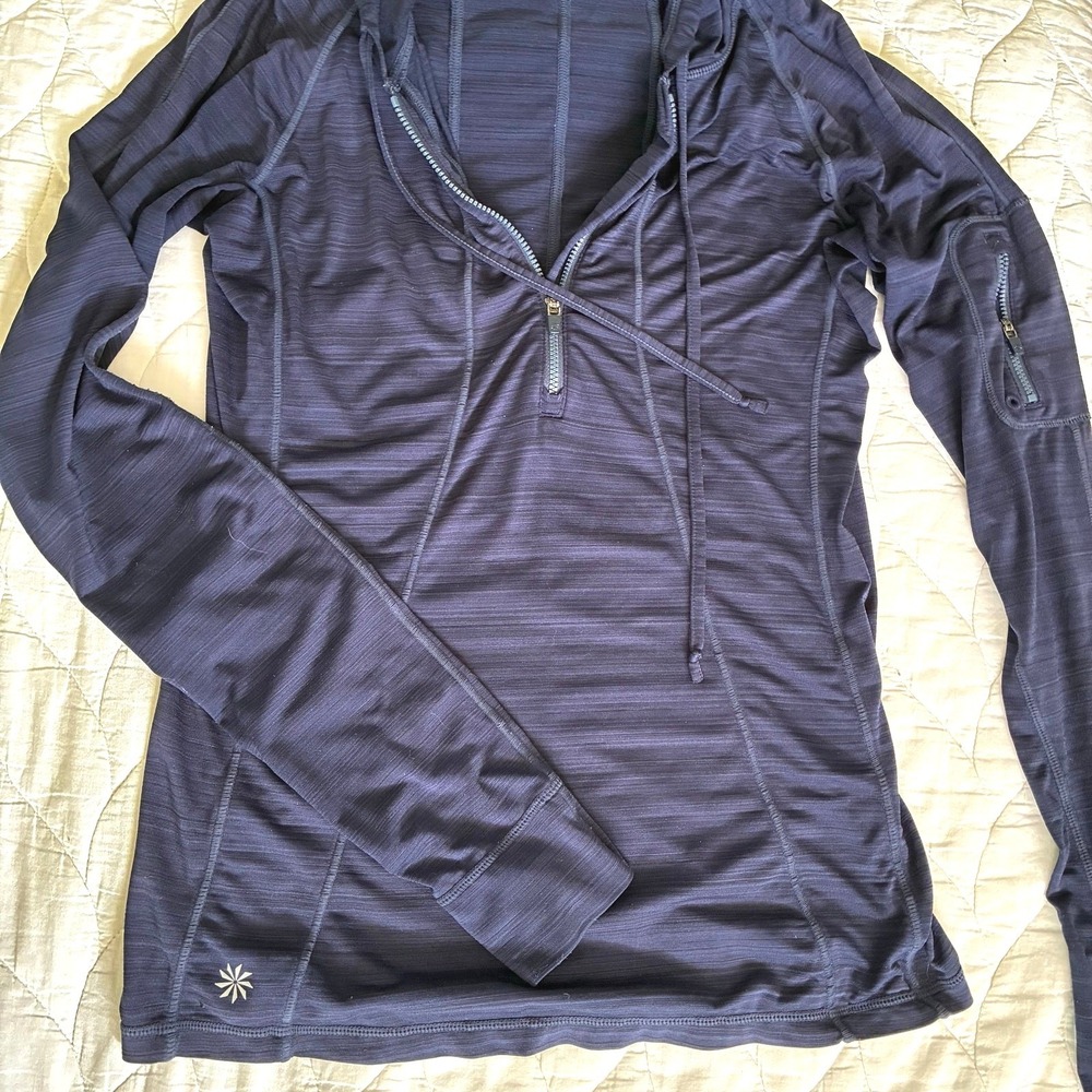 Athleta Hoodie Top Womens S Navy Blue Excellent Half Zip Space Dye Activewear